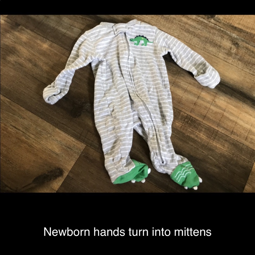 Newborn dinosaur footy pj’s mitten hands